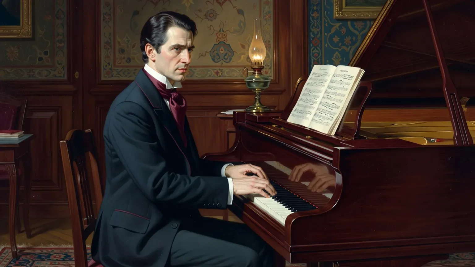 Nicolaï Rimski-Korsakov, compositeur russe et orchestrateur virtuose, portrait avec motifs orientalisants évoquant Schéhérazade