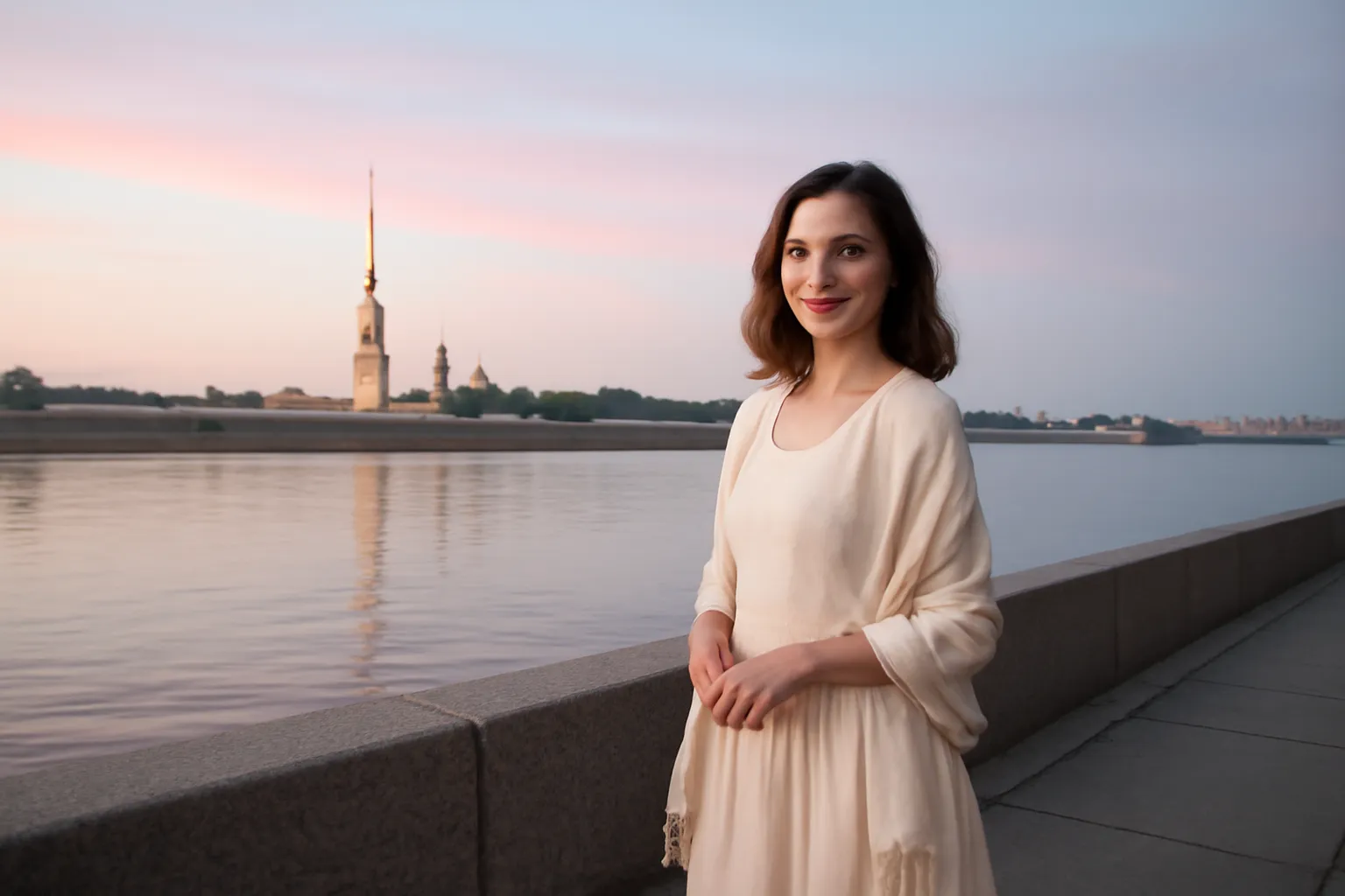 Femme en robe crème et châle clair sur le quai de la Neva à Saint-Pétersbourg, ciel rose et bleu, flèche de la forteresse Pierre-et-Paul au loin