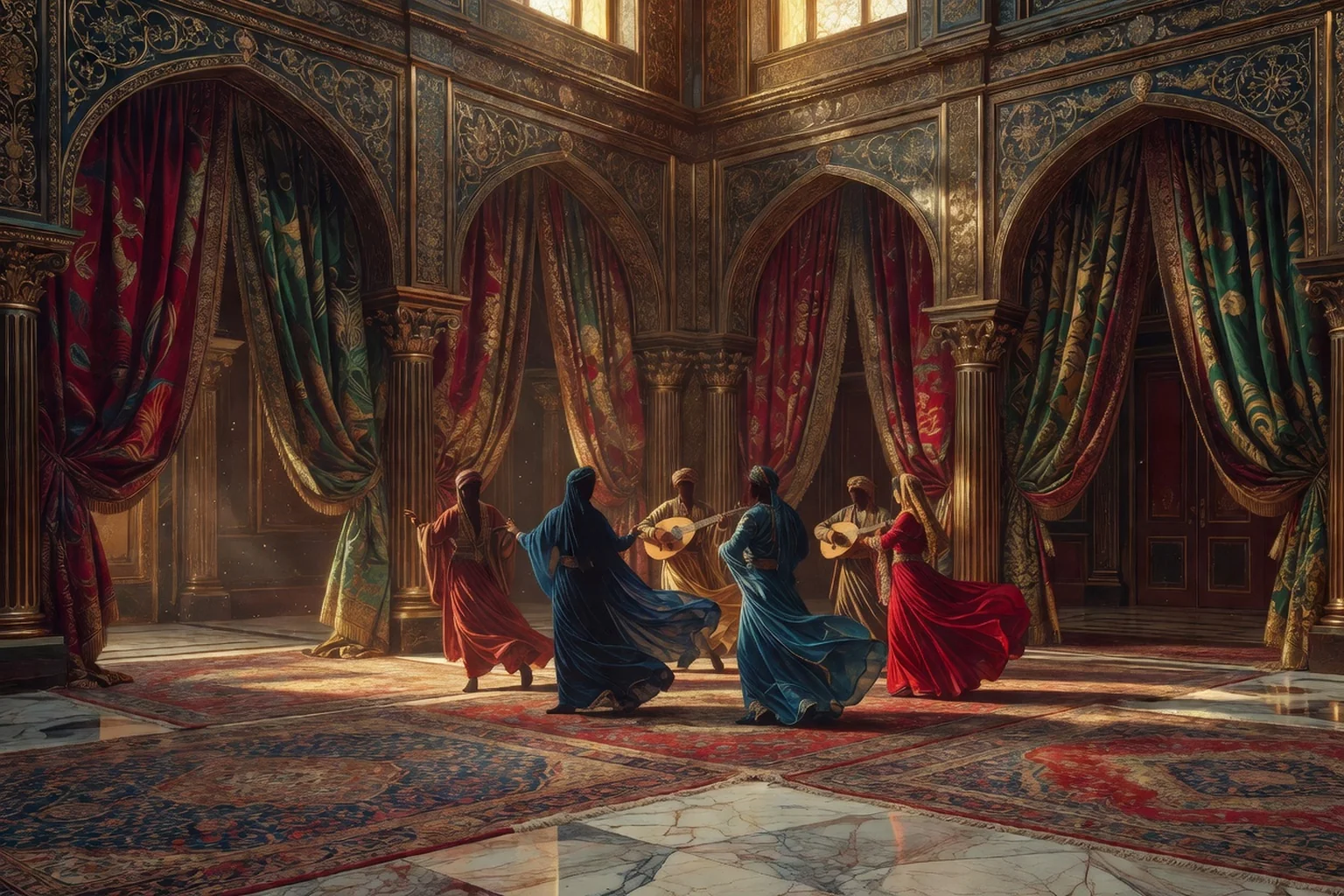 Intérieur orientaliste de palais russe avec danseurs, musiciens et riches tentures évoquant Schéhérazade