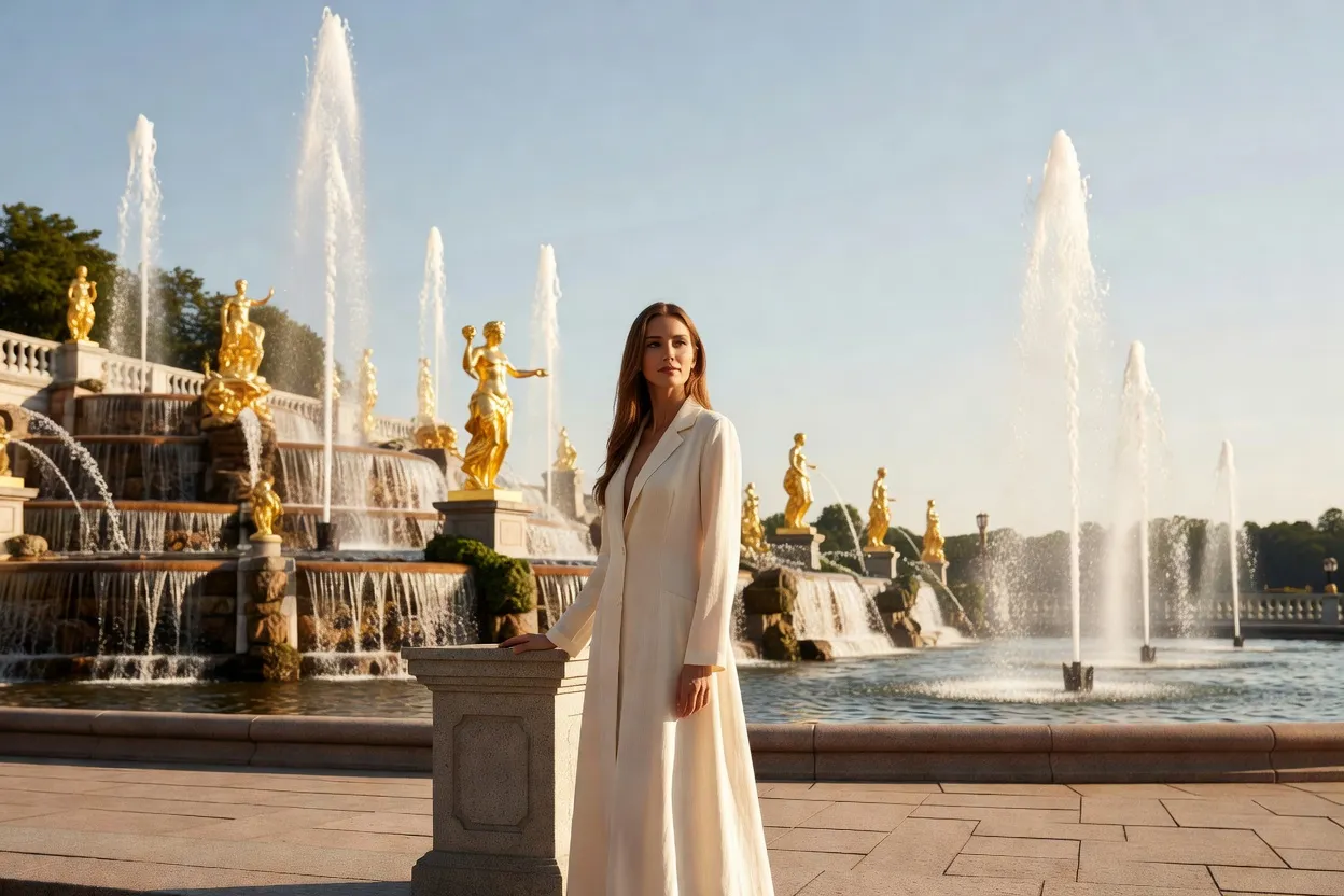 Femme élégante en manteau clair devant la Grande Cascade de Peterhof, statues dorées et jets d'eau sous un ciel d'été