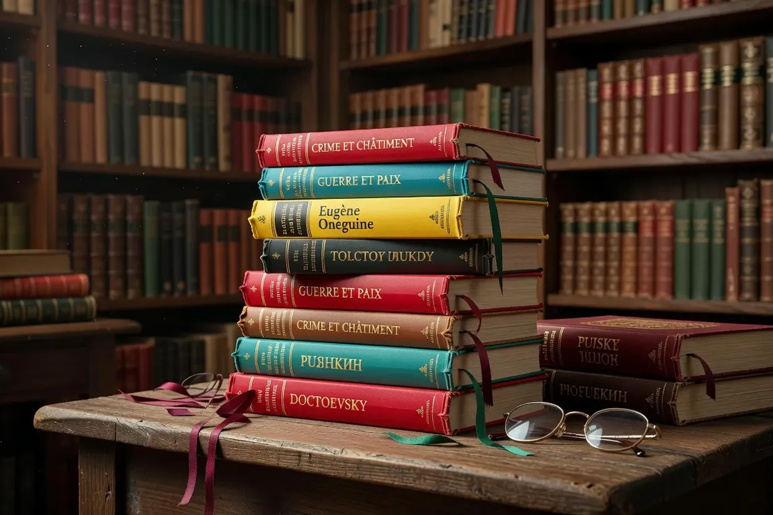 Pile de livres russes traduits en français, couvertures colorées, ambiance littéraire
