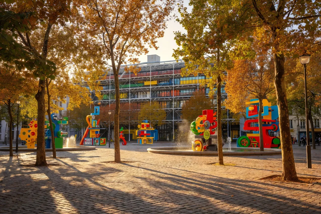 Place Igor Stravinsky à Paris, IVe arrondissement, avec la fontaine Niki de Saint Phalle et Jean Tinguely