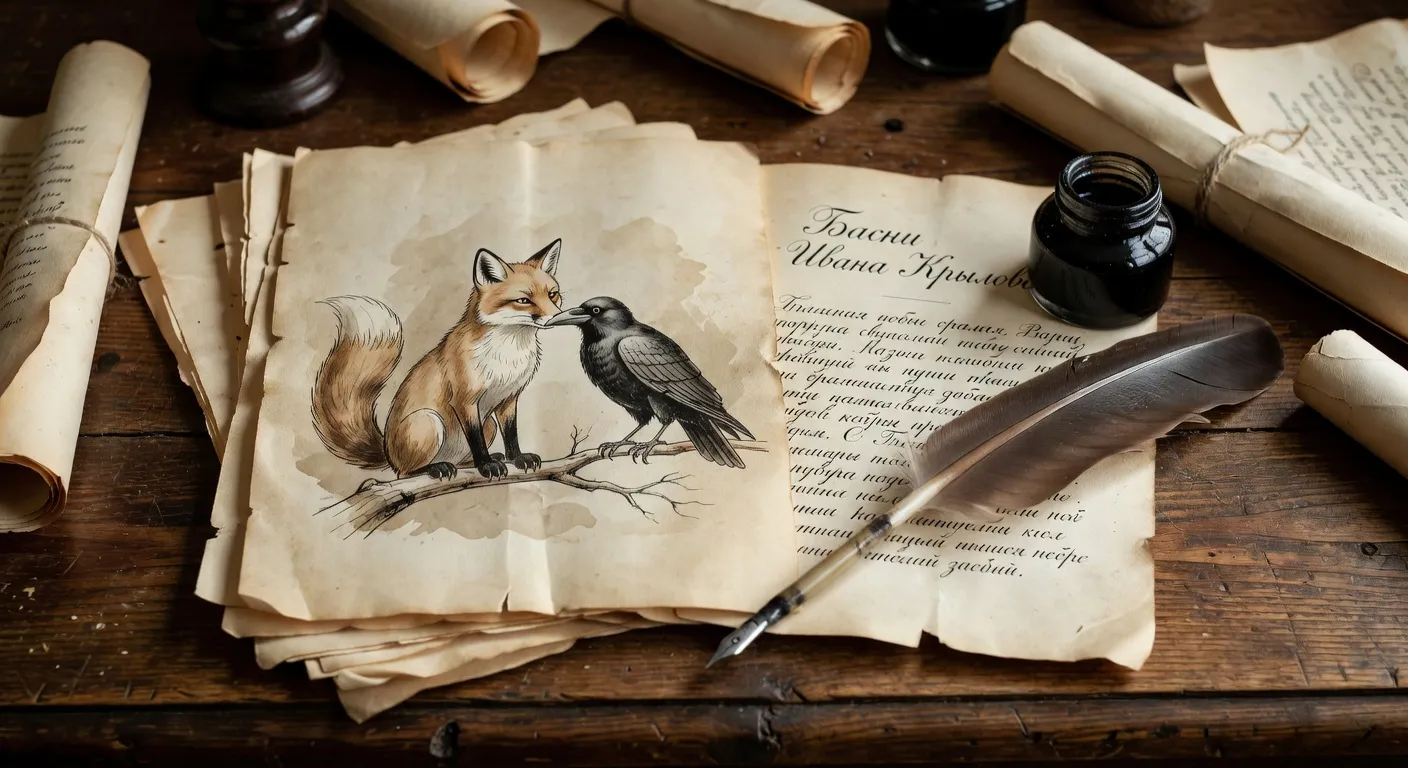 Pages illustrées de fables russes, plume d'oie, encrier, papier parchemin du XIXe siècle