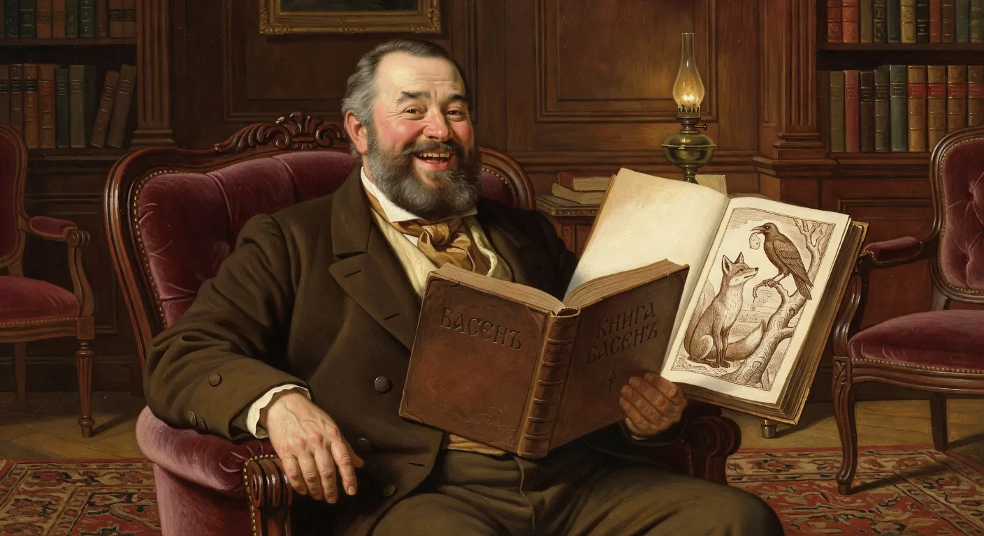 Portrait d'Ivan Krylov, fabuliste russe jovial du XIXe siècle, avec livre de fables et illustrations d'animaux