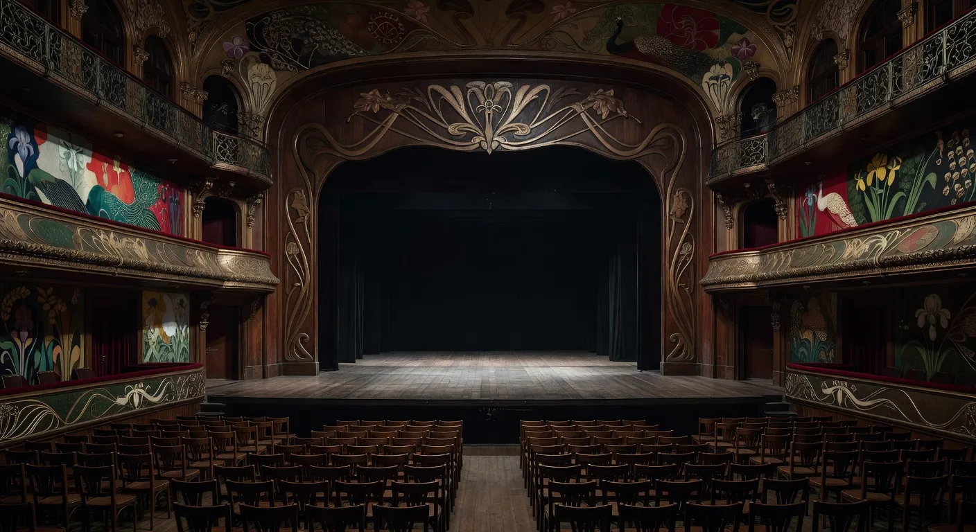 Intérieur Art Nouveau du Théâtre d'Art de Moscou, début du XXe siècle, scène vide et éclairage dramatique