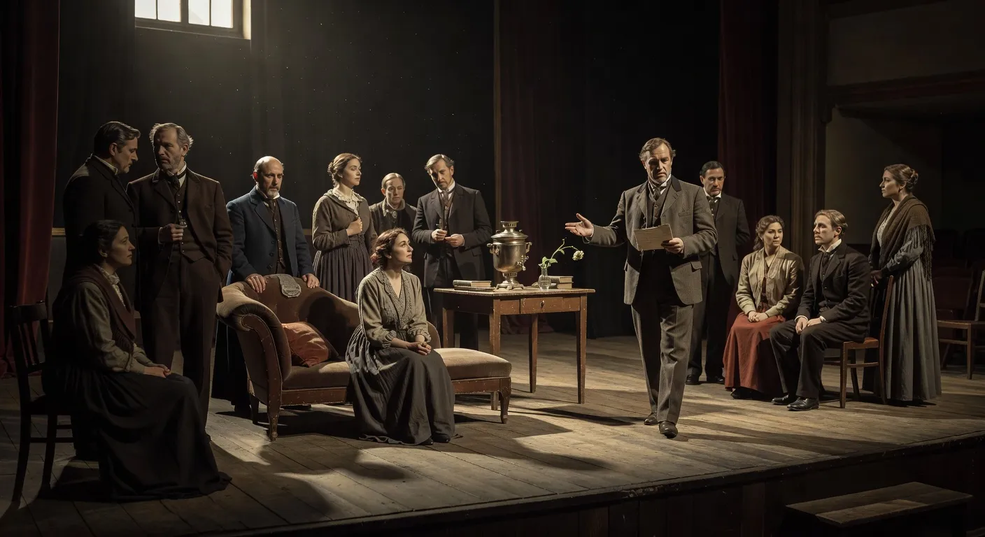 Scène de répétition théâtrale, acteurs en costumes du début du XXe siècle, atmosphère de pièce de Tchekhov