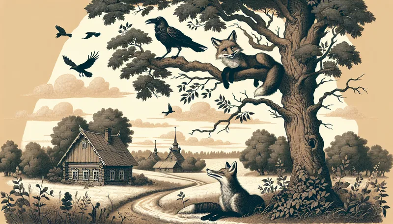 Illustration des fables d'Ivan Krylov, Le Corbeau et le Renard, gravure du XIXe siècle