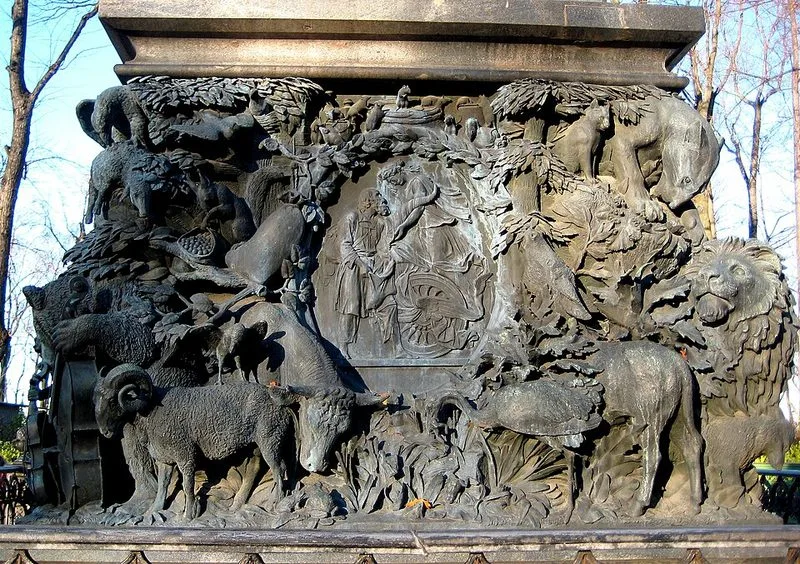 Monument à Ivan Krylov dans le Jardin d'Été de Saint-Pétersbourg, statue en bronze de Piotr Klodt, 1855