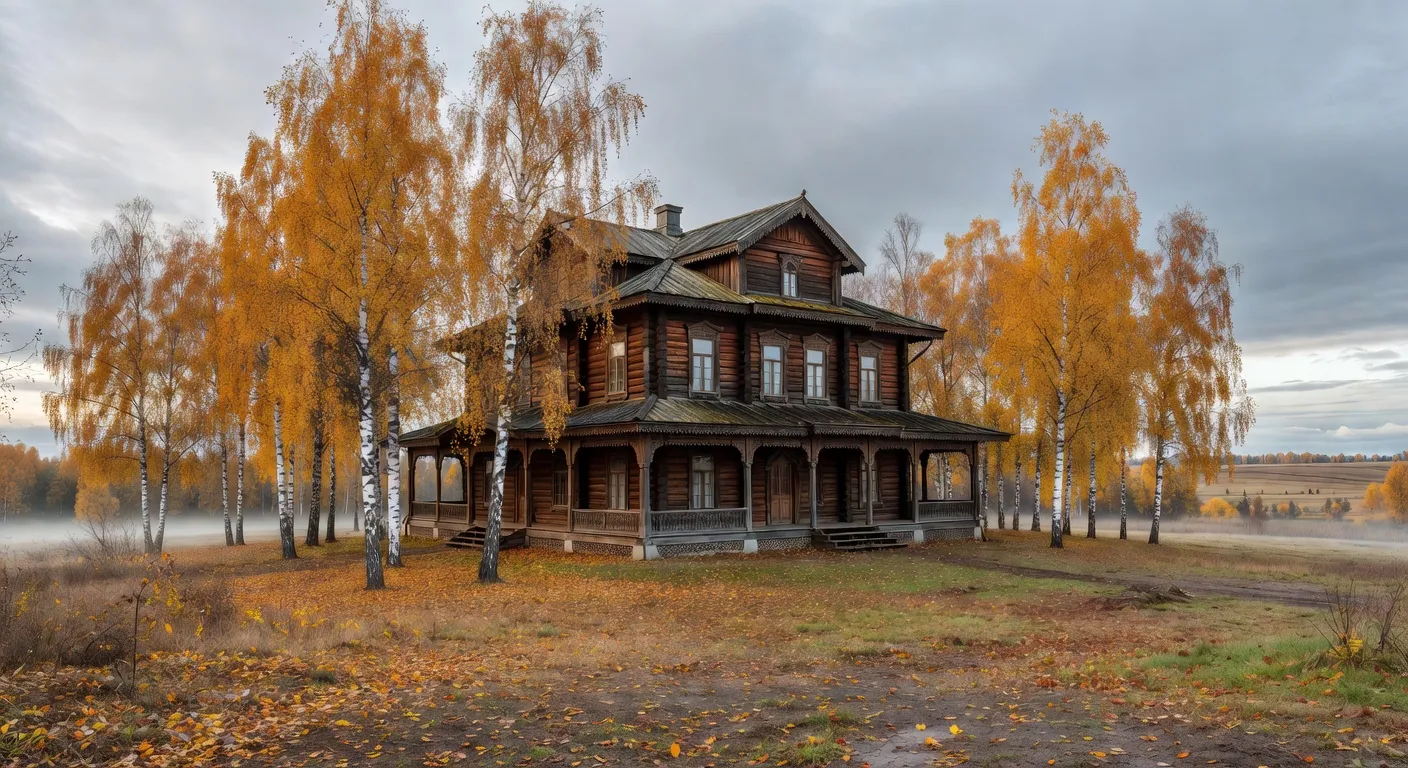 Domaine aristocratique russe du XIXe siècle, manoir en bois, bouleau, paysage de Yasnaya Polyana