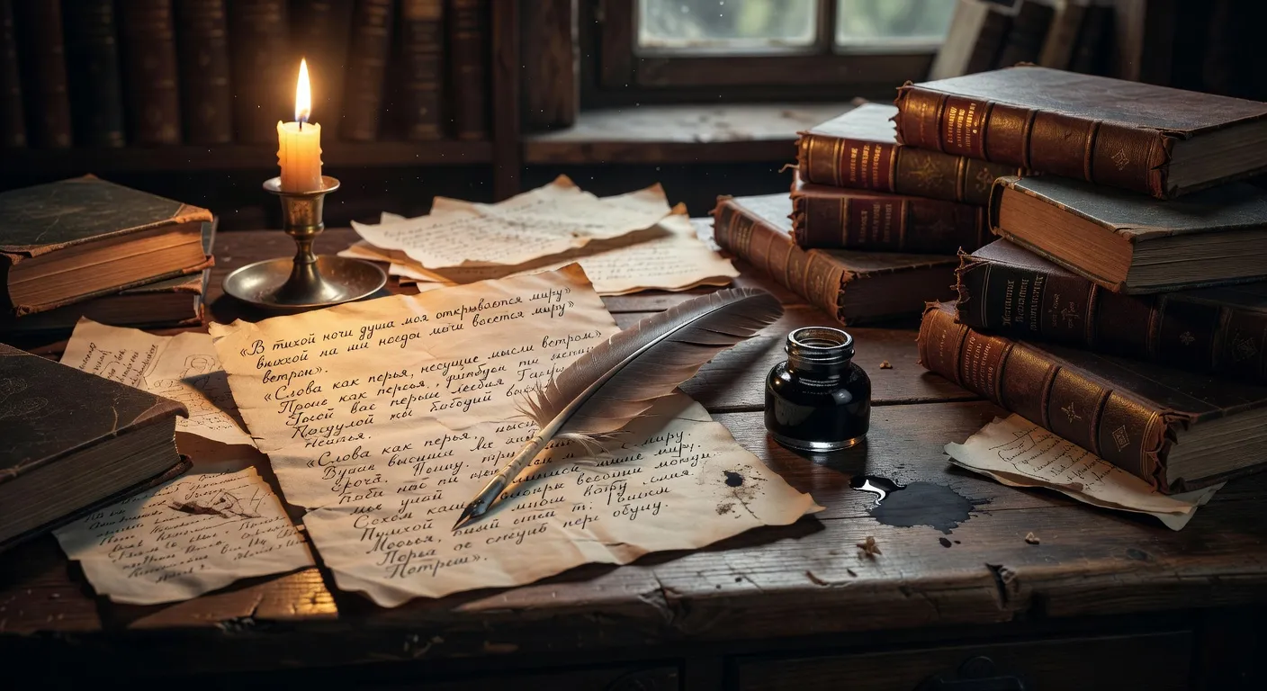 Manuscrits russes calligraphiés à la plume d'oie, encre et bougie, atmosphère littéraire du XIXe siècle