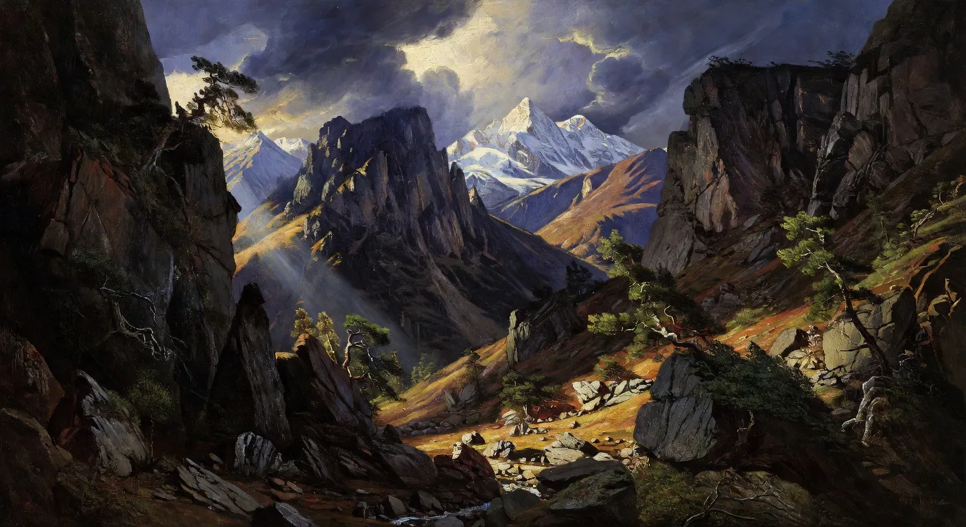 Paysage dramatique du Caucase russe, montagnes et falaises, atmosphère du XIXe siècle