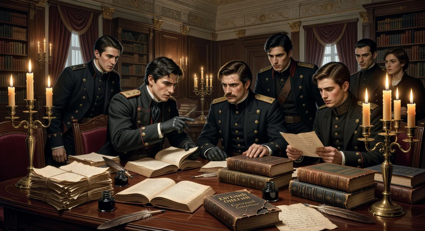 Salon littéraire russe du XIXe siècle, jeunes hommes en uniforme, chandelles et manuscrits, époque de Pouchkine