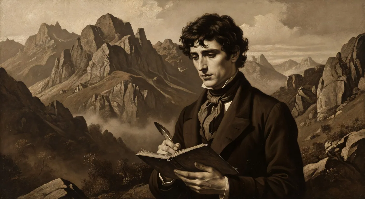 Portrait de Mikhaïl Lermontov, poète russe romantique, paysage du Caucase en arrière-plan