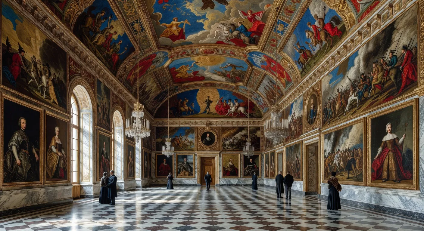 Grande salle intérieure d'un musée impérial russe, hauts plafonds peints, tableaux classiques, parquet en marbre