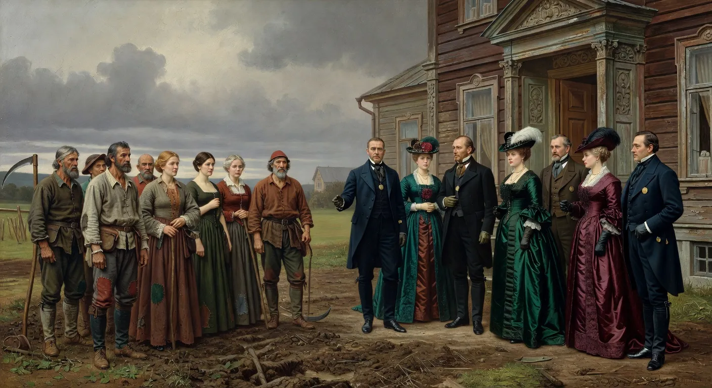 Détail d'une peinture réaliste russe de style Répine, paysans et noblesse, atmosphère du XIXe siècle