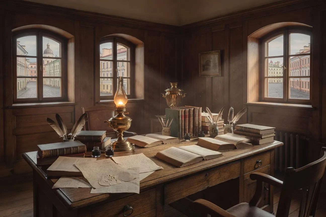 Bureau d'une revue littéraire russe au XIXe siècle, comme le Sovremennik dirigé par Nekrassov à Saint-Pétersbourg