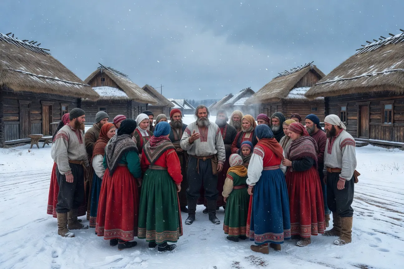 Réunion de paysans russes dans un village du XIXe siècle, l'univers dépeint par Nekrassov dans Qui vit bien en Russie
