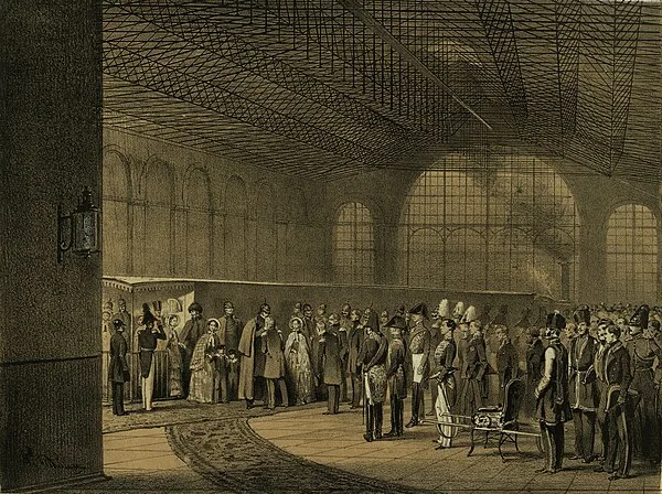 Arriv&eacute;e de Nicolas Ier &agrave; la gare de Moscou, inauguration du chemin de fer Saint-P&eacute;tersbourg&ndash;Moscou en 1851