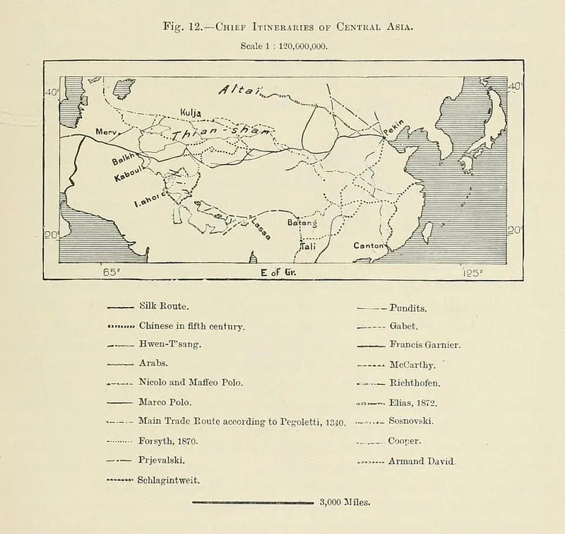 Carte des quatre exp&eacute;ditions de Nikola&iuml; Prjevalski en Asie centrale, Mongolie et Tibet